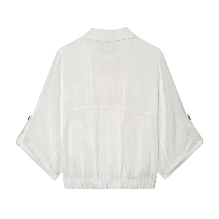 Women's Cropped Shirt Blouse with Batwing Sleeves, Breast Pockets and Elastic Waistband Mune Fashion
