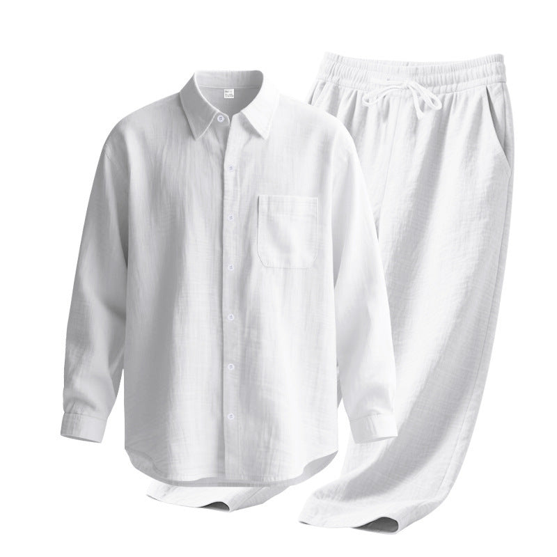 Men's light house suit made of cotton gauze with kent collar shirt, breast pocket and drawstring pants Mune Fashion