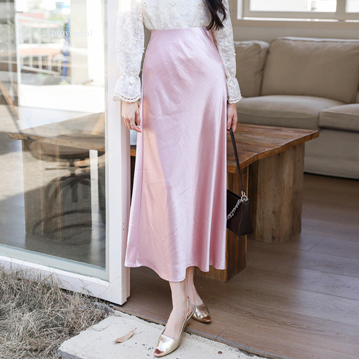 Women's flowing midi skirt in satin viscose with a smooth waistband, Mune Fashion