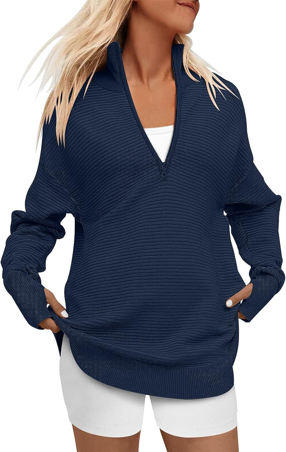 Ladies Oversized Fine Knit Sweater with Half Zipper, Stand Collar and Thumb Hole Sleeves Mune Fashion