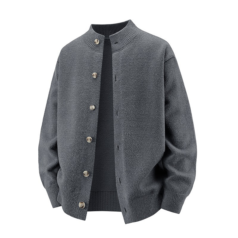 Men's chunky knit cardigan with stand-up collar, full button placket & ribbed hem Mune Fashion