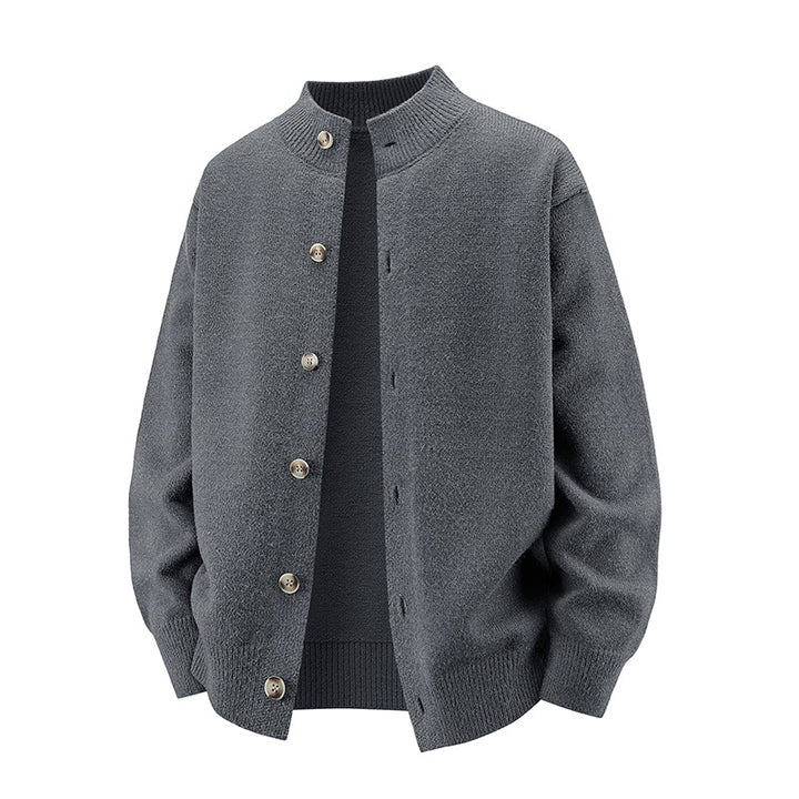 Men's chunky knit cardigan with stand-up collar, full button placket & ribbed hem Mune Fashion