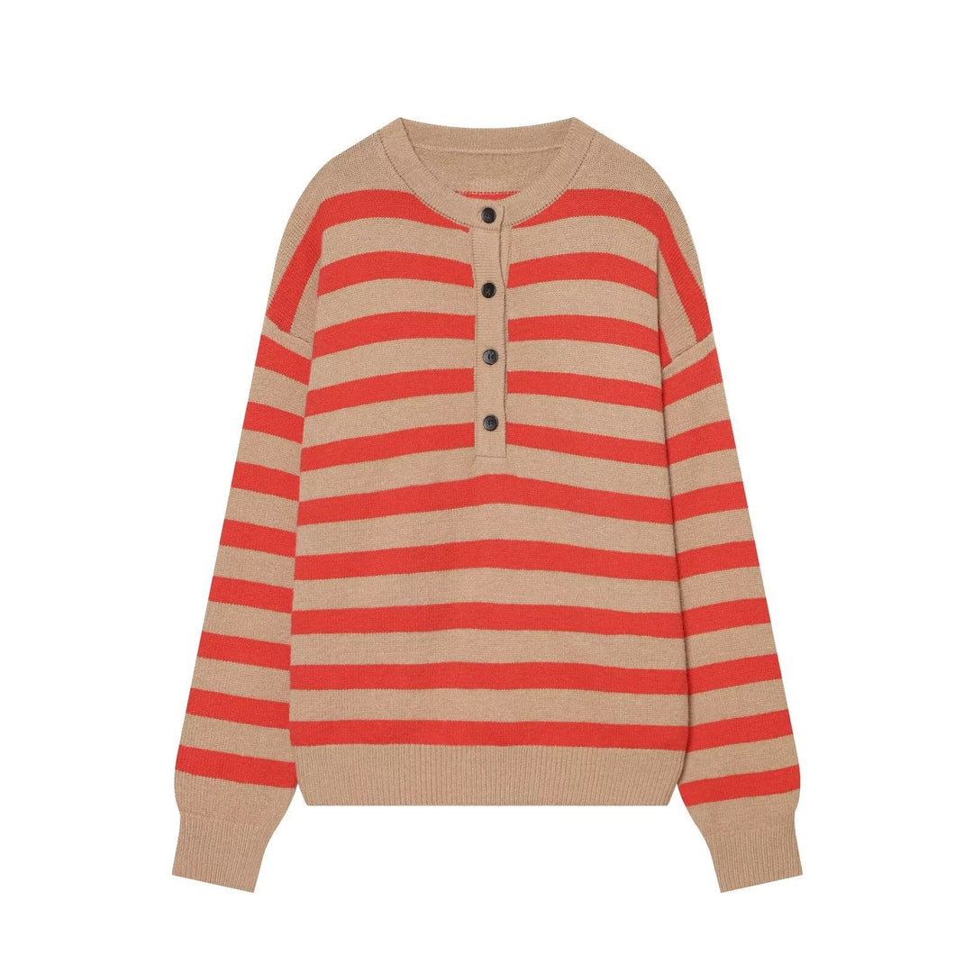 Women's Striped Knitted Sweater with Henley Button Placket Mune Fashion