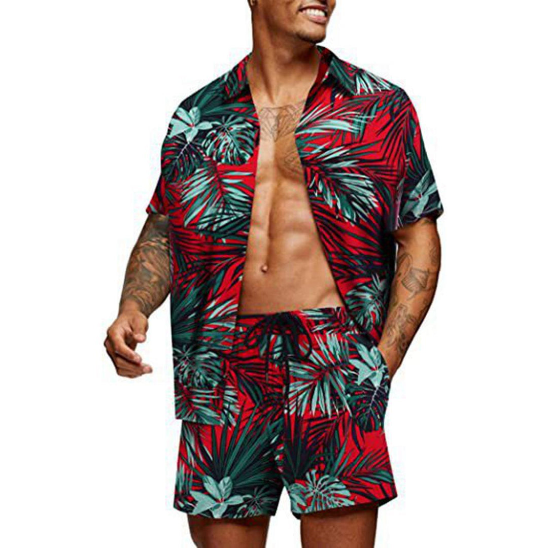Men's tropical short sleeve shirt and swim shorts set with lapel collar, drawstring, and practical side pockets Mune Fashion
