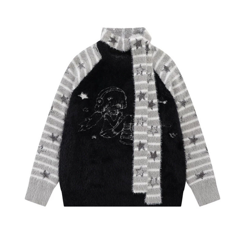 Women Soft Fluffy Knit Sweater with Integrated Tube Scarf and Manga Illustration Mune Fashion