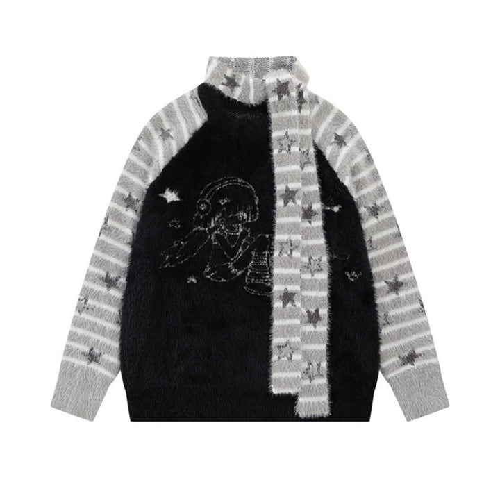 Women Soft Fluffy Knit Sweater with Integrated Tube Scarf and Manga Illustration Mune Fashion