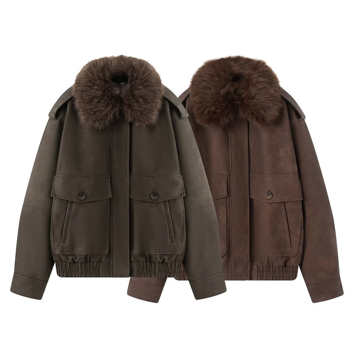 Women short-cut bomber jacket with voluminous faux fur collar and applied flap pockets Mune Fashion