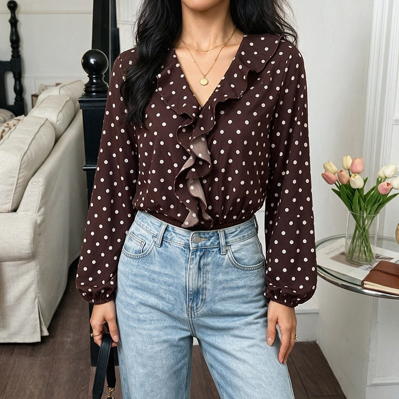 Women Polka Dot Ruffled Blouse with V-Neck, Long Sleeves and Elastic Cuffs Mune Fashion