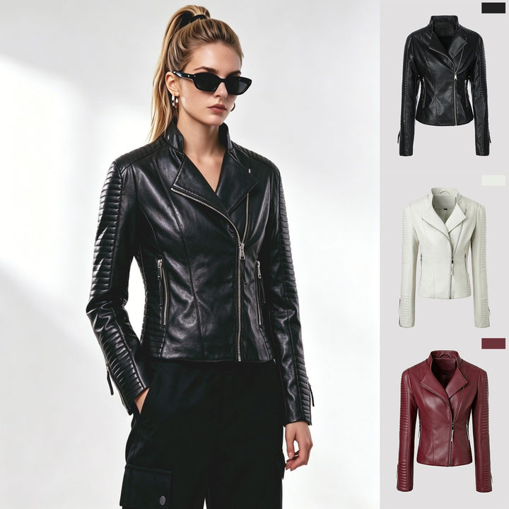 Women's Slim Fit Biker Jacket with Quilted Sleeve and Shoulder Area Mune Fashion
