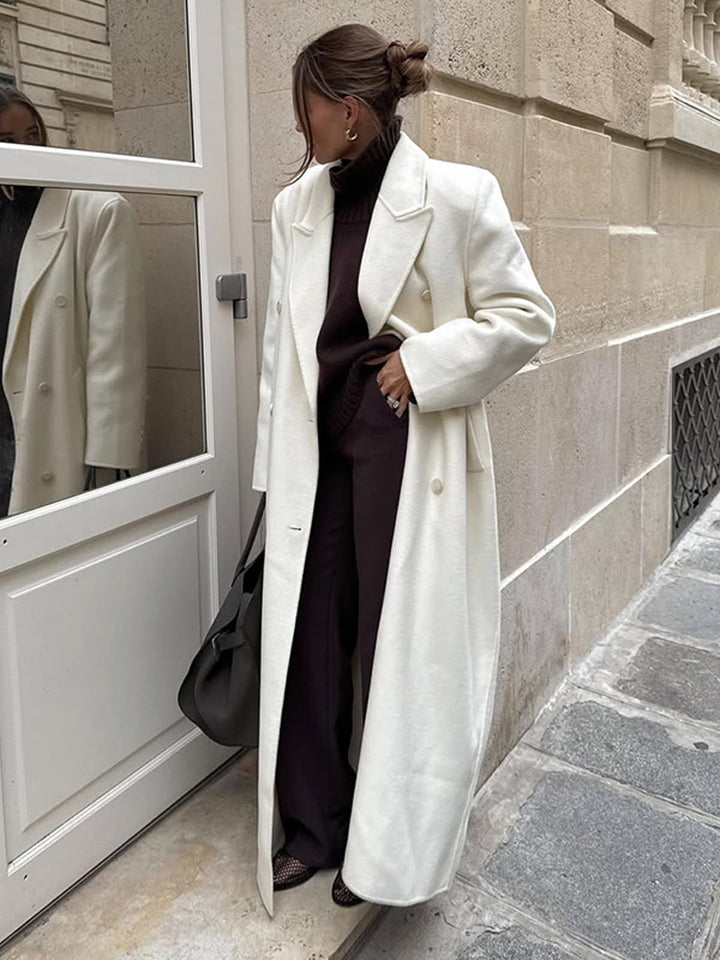 Women's Maxi Double-Breasted Wool Blend Coat with Oversized Cut and Lapel Collar Mune Fashion