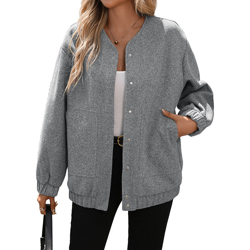 Women Oversize Bomber Jacket with Round Neckline, Snap Button Placket and Patch Pockets Mune Fashion