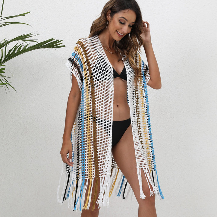 Women airy crochet beach cover-up with fringes Mune Fashion