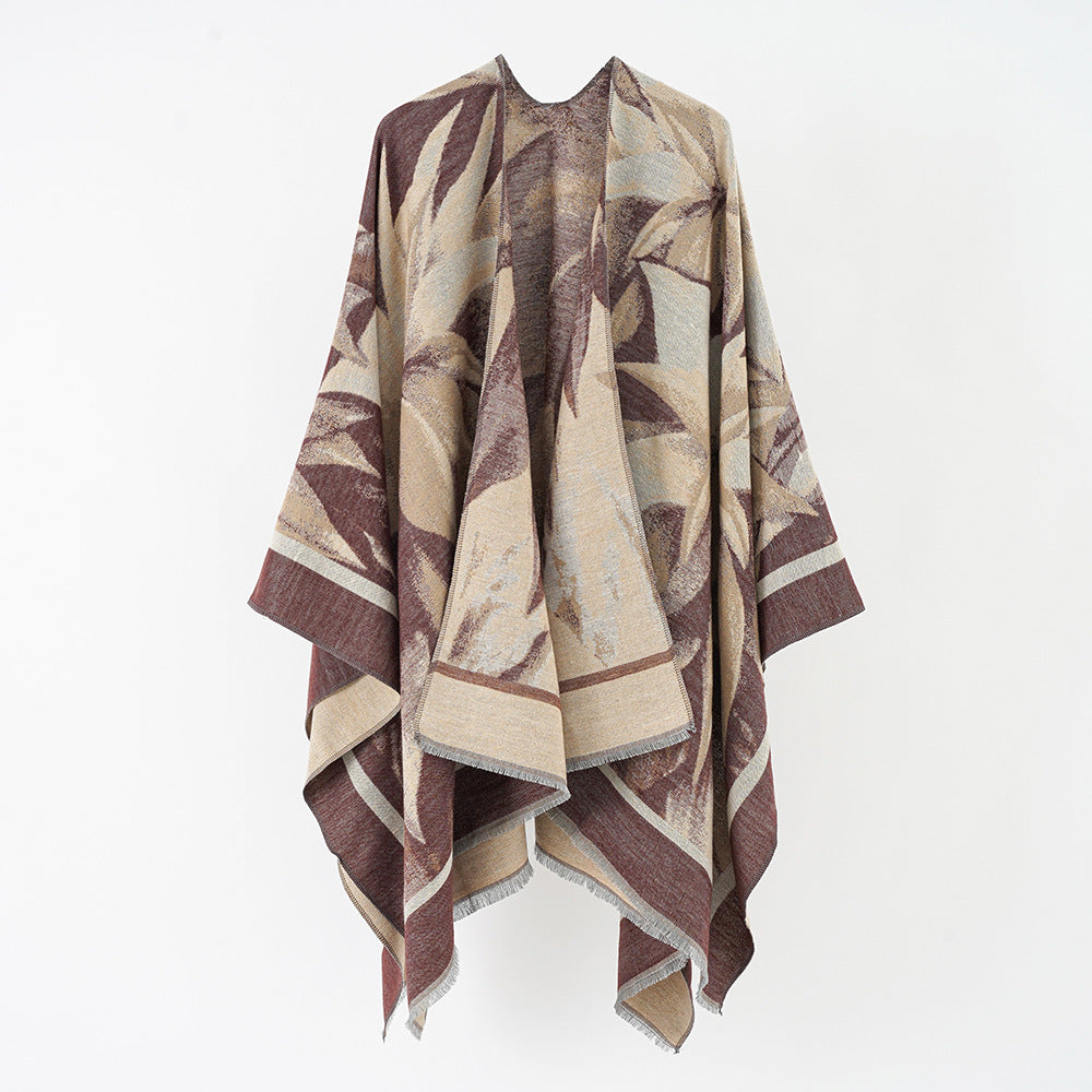 Women's jacquard wrap poncho with floral-abstract woven texture and softly falling oversized cape Mune Fashion