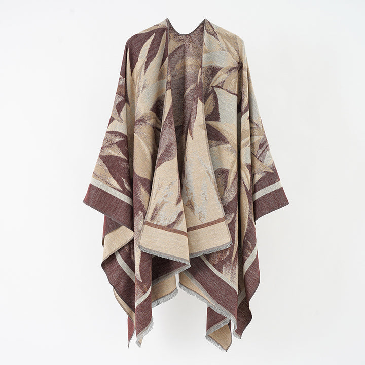 Women's jacquard wrap poncho with floral-abstract woven texture and softly falling oversized cape Mune Fashion
