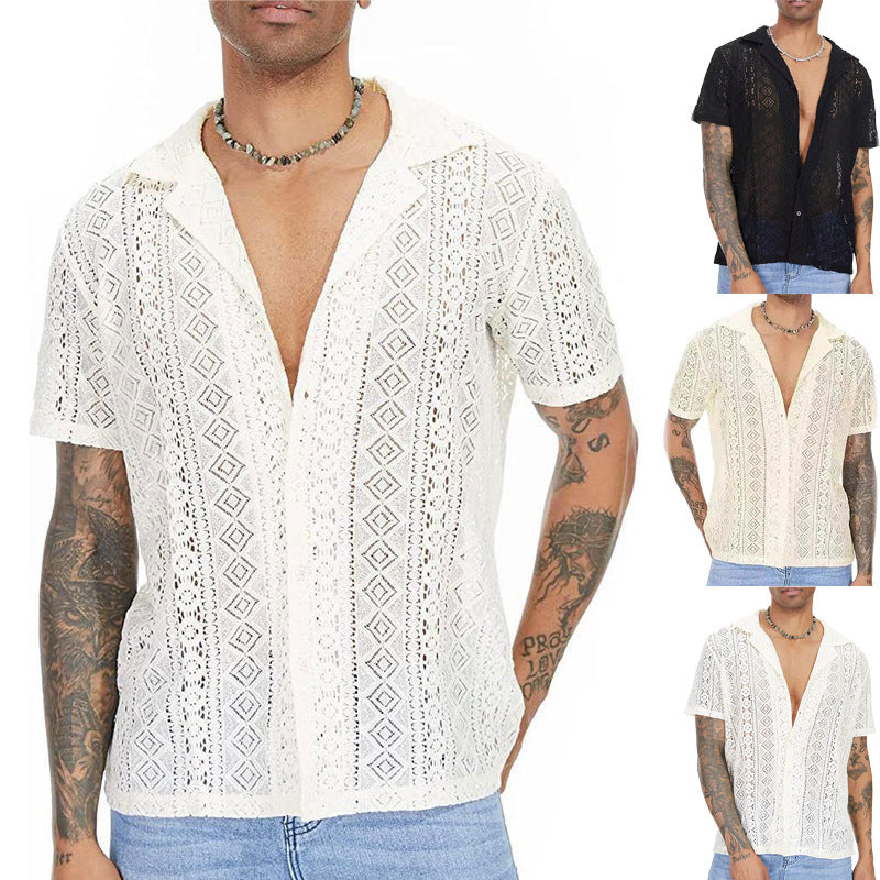 Men's airy crochet knit polo with open V-neck and Kent collar Mune Fashion