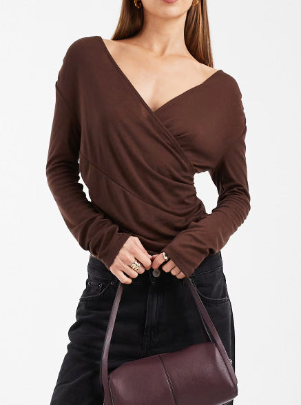 Women Figure-hugging Wrap Top with V-neck and Ruffling