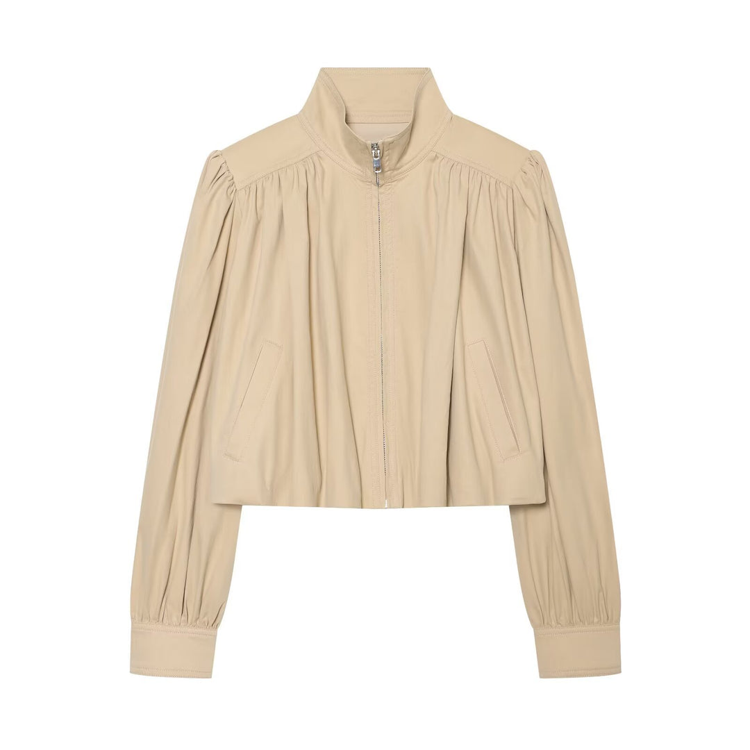 Ladies short jacket with stand-up collar, gathered shoulders and continuous zipper Mune Fashion
