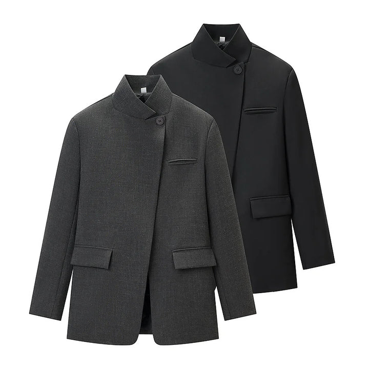 Men's short coat with stand collar, asymmetrical button placket, and flap pockets Mune Fashion