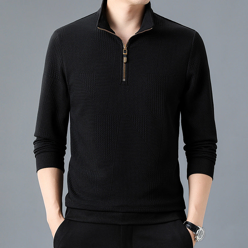 Men's Structured Pullover with Half Zipper High Stand Collar and Geometric Relief Structure Mune Fashion