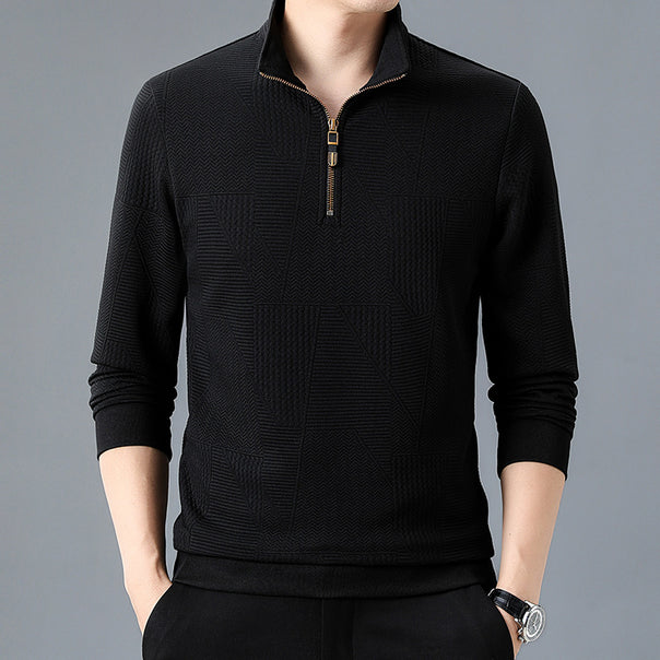 Men's Structured Pullover with Half Zipper High Stand Collar and Geometric Relief Structure Mune Fashion