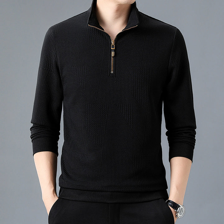 Men's Structured Pullover with Half Zipper High Stand Collar and Geometric Relief Structure Mune Fashion