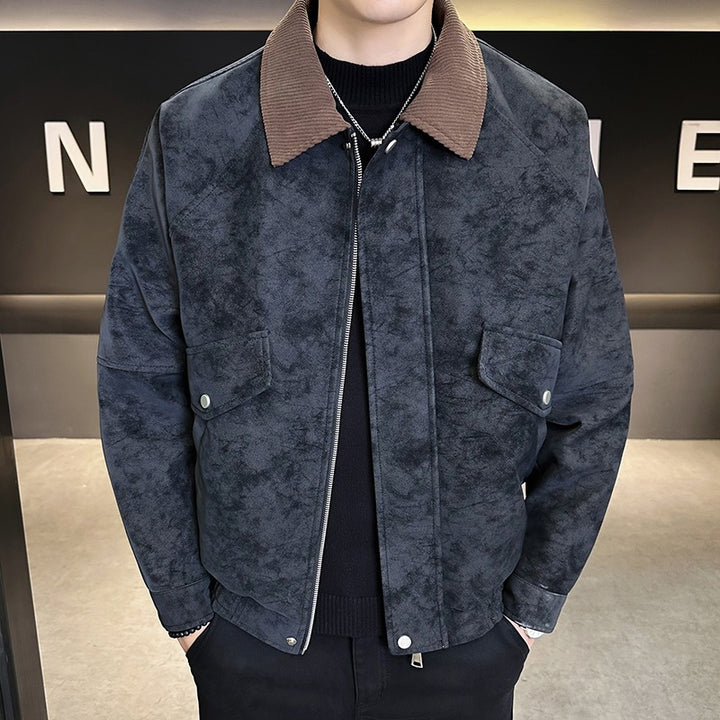 Men's Oversized Velour-Look Transitional Blouson with Shirt Collar, Zipper & Elastic Hem