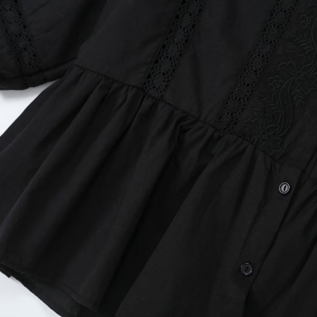 Women's Lace Trim Blouse Tunic with Button Placket and Balloon Sleeves Mune Fashion
