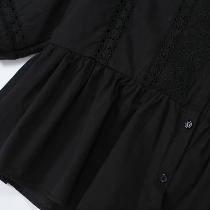Women's Lace Trim Blouse Tunic with Button Placket and Balloon Sleeves Mune Fashion