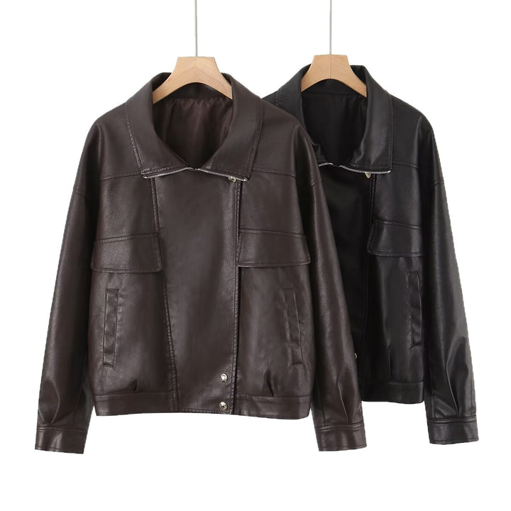 Women Oversized Faux Leather Bomber Jacket with Flap Pockets and Asymmetrical Zipper Mune Fashion