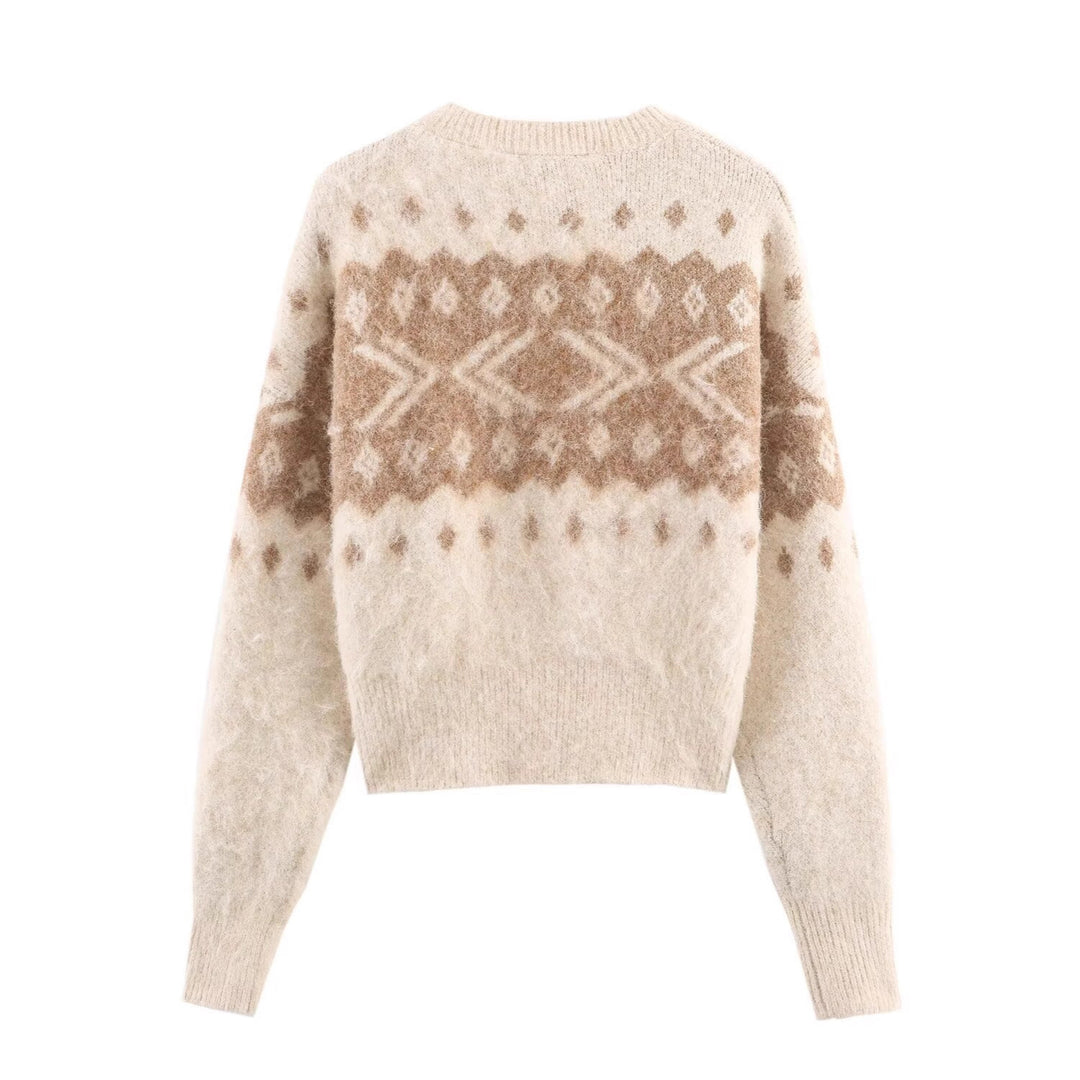 Women's Fluffy Knitted Sweater with Norwegian Pattern and Boxy Fit Mune Fashion