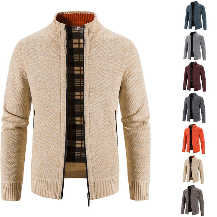 Men's knitted cardigan with full zip, stand-up collar and checkered lining Mune Fashion