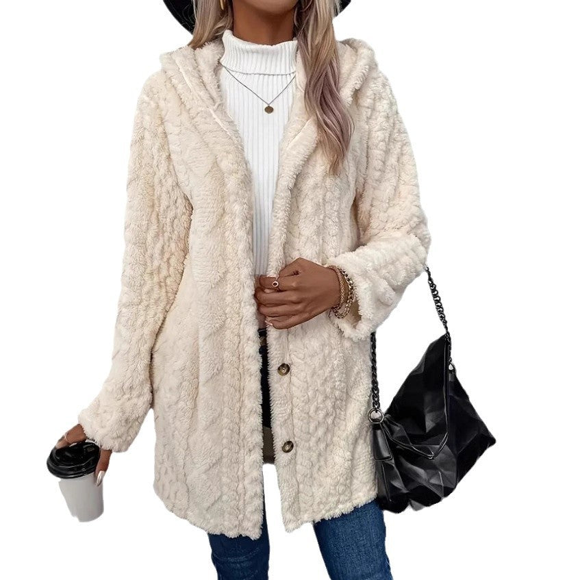 Ladies nan cozy teddy coat with hood, button placket and pockets Mune Fashion