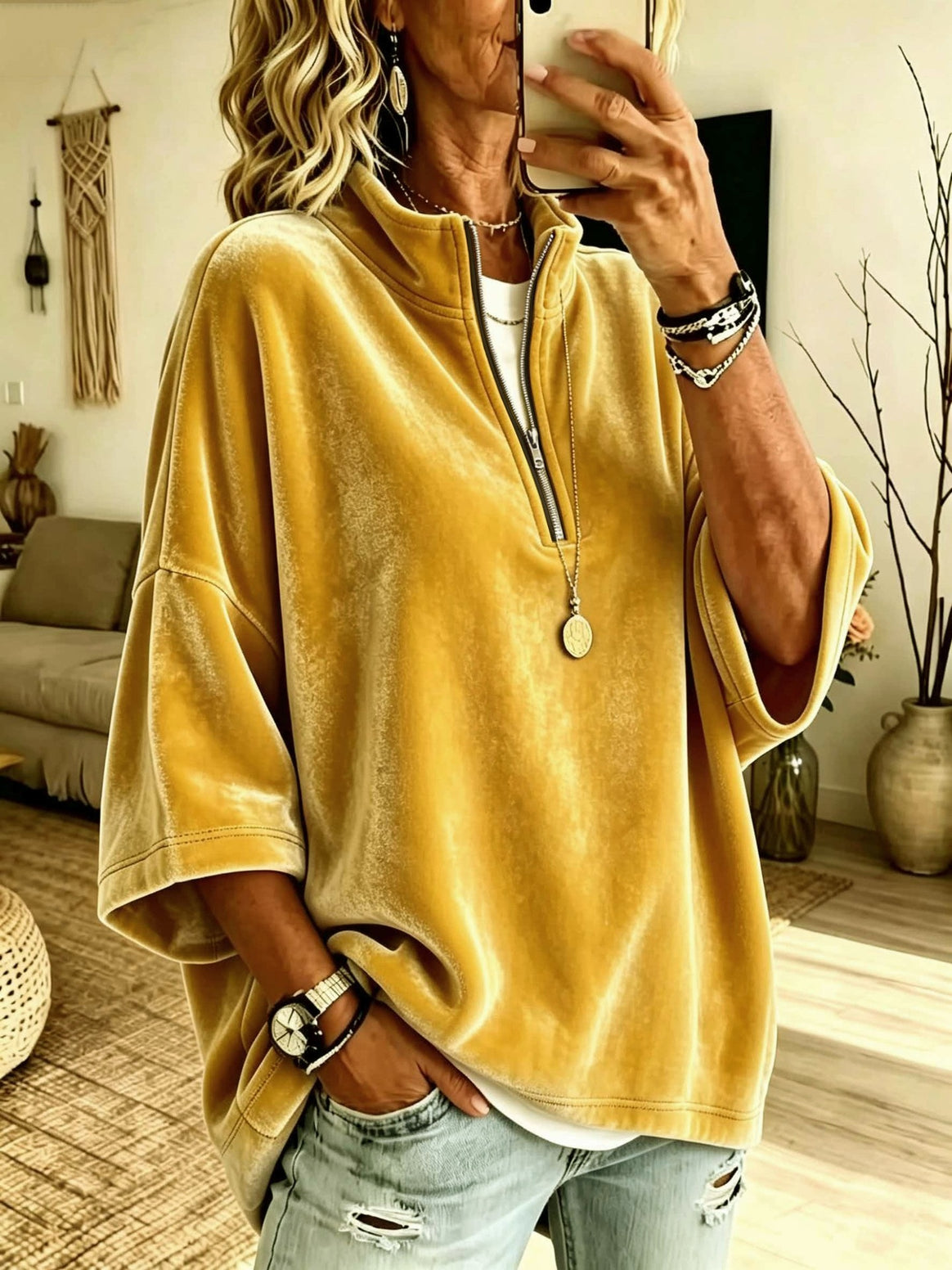 Women's Oversize Velvet Sweater with Short Zipper and Stand-Up Collar Mune Fashion