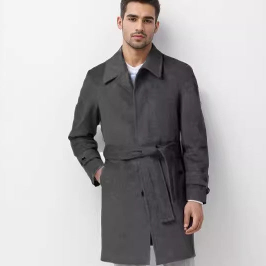 Men's Tailored Coat with Tie Belt, Concealed Button Placket and Classic Lapels Mune Fashion