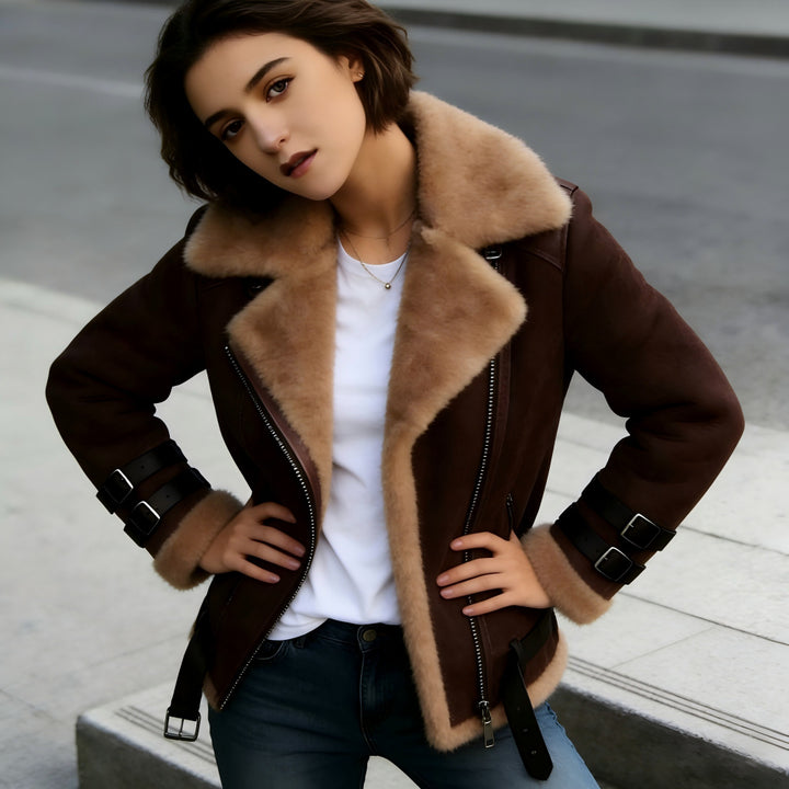 Women's short jacket in pilot style with contrasting fur collar and adjustable buckles Mune Fashion