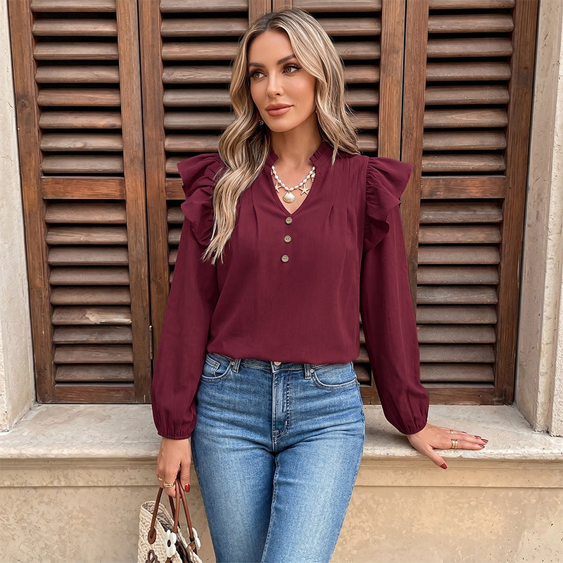 Women's Romantic Ruffled Blouse with Stand Collar, V-Neck and Balloon Sleeves Mune Fashion