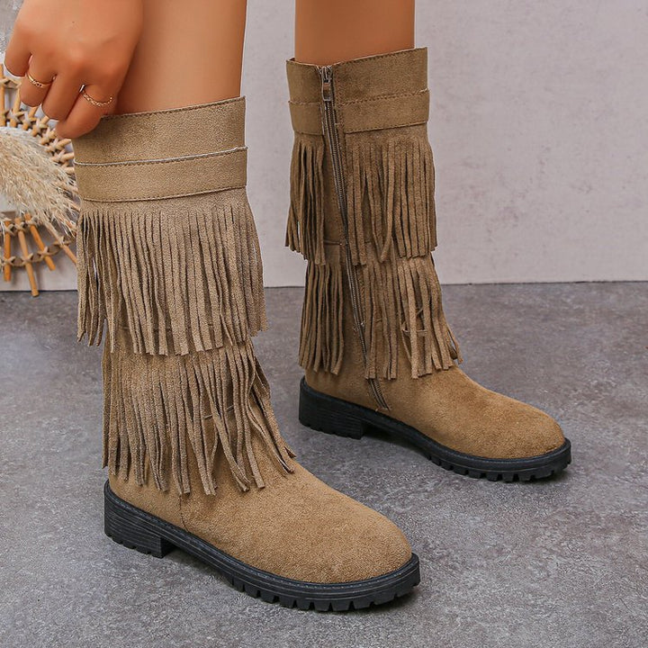 Women Mid-Calf Fringe Boots made of Suede Synthetic with multi-layered fringes and profiled rubber sole Mune Fashion