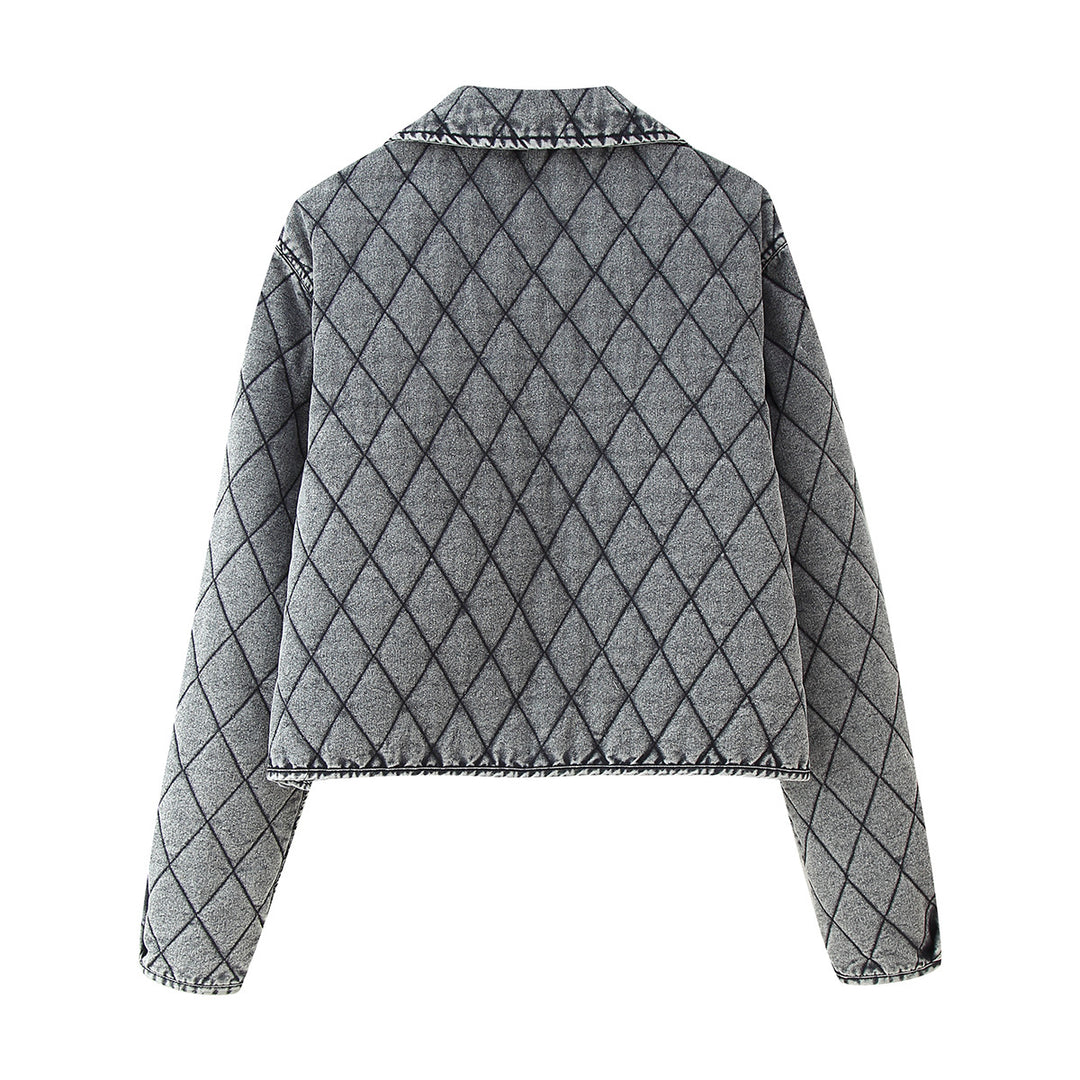Women nan casual quilted denim look short jacket with diamond pattern and ties Mune Fashion