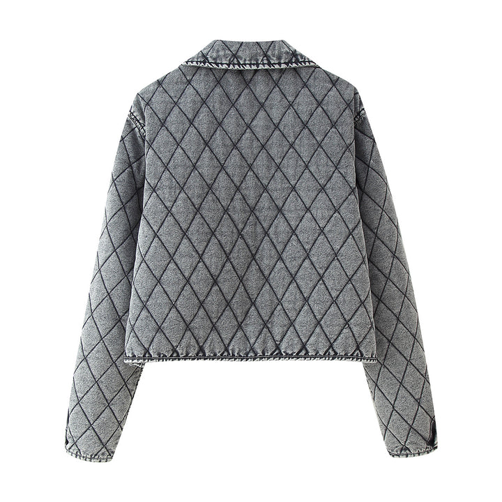 Women nan casual quilted denim look short jacket with diamond pattern and ties Mune Fashion