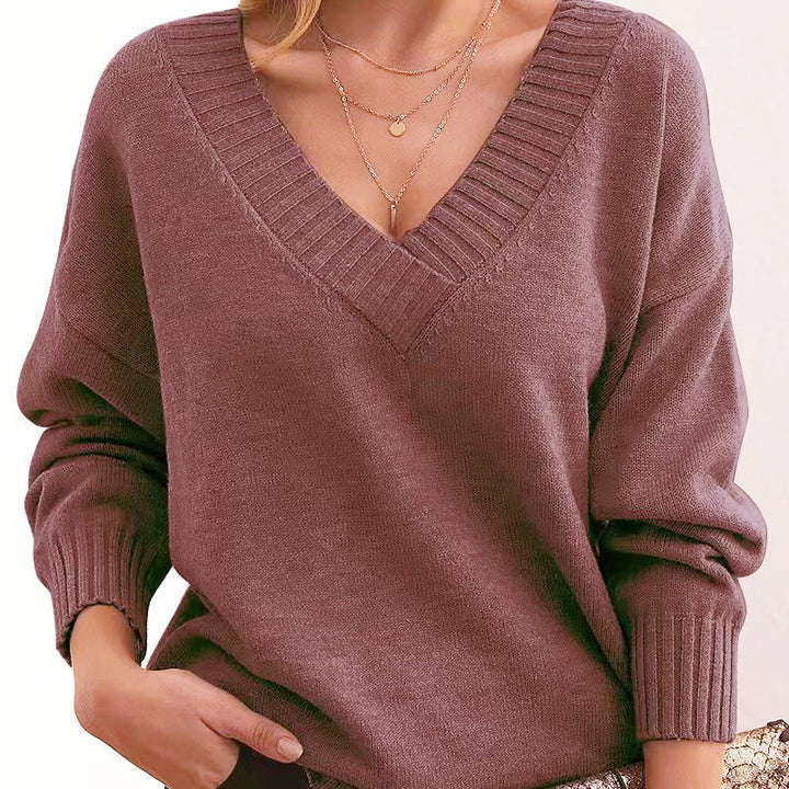 Women's Oversized V-Neck Knit Sweater with Ribbed Cuffs Mune Fashion