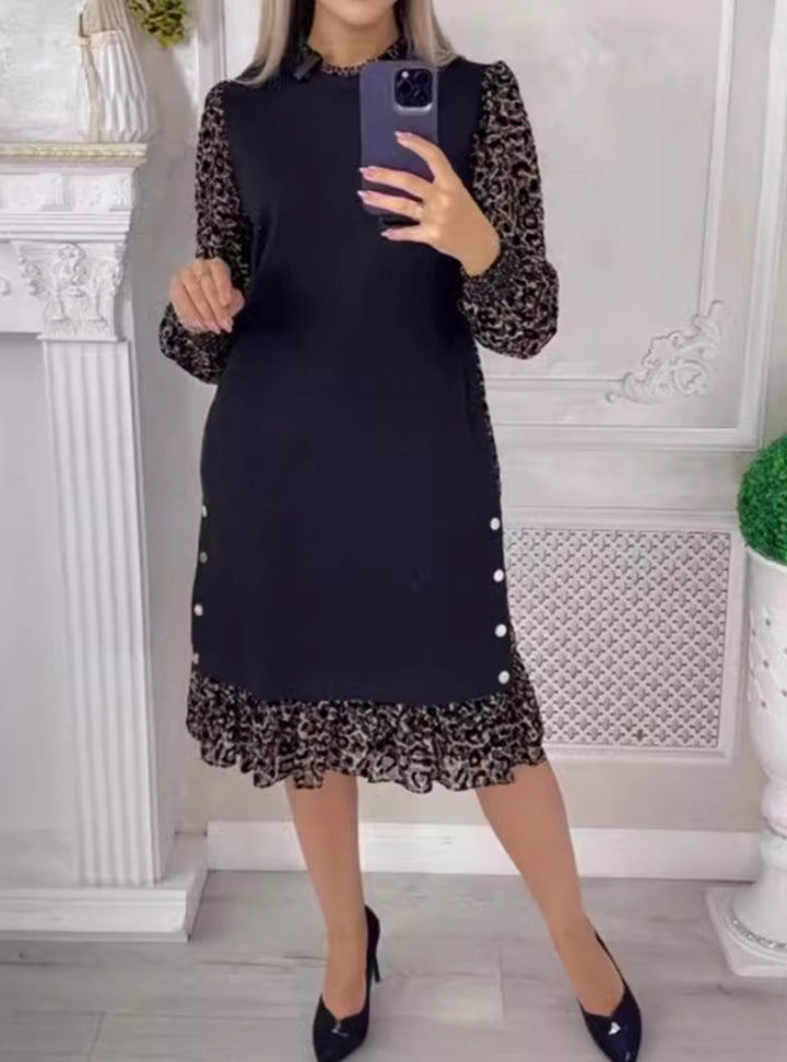 Women's two-layer chiffon midi dress with transparent animal print sleeves, ruffled hem and side button placket Mune Fashion