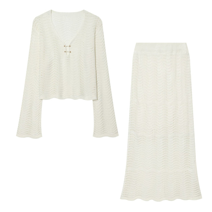 Women Two-Piece Crocheted Knit Set with V-Neck and Midi Skirt Mune Fashion