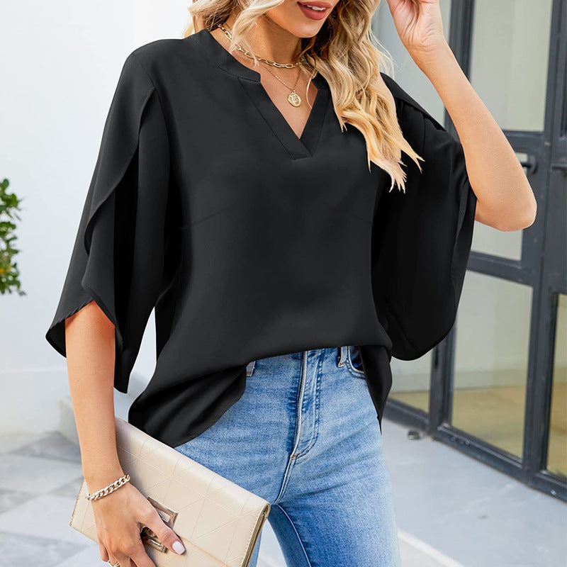 Women's Elegant Blouse with V-Neck and Flowing Ruffle Sleeves Mune Fashion