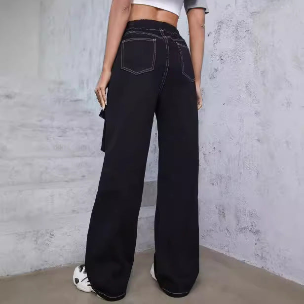 Women’s utilitarian denim cargo pants with contrast stitching and drawstring Mune Fashion