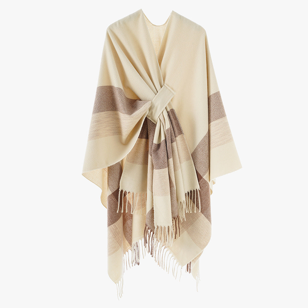 Women's Sleeveless Wool Blend Cover-Up with Tie Loop and Fine Fringe Hem Mune Fashion