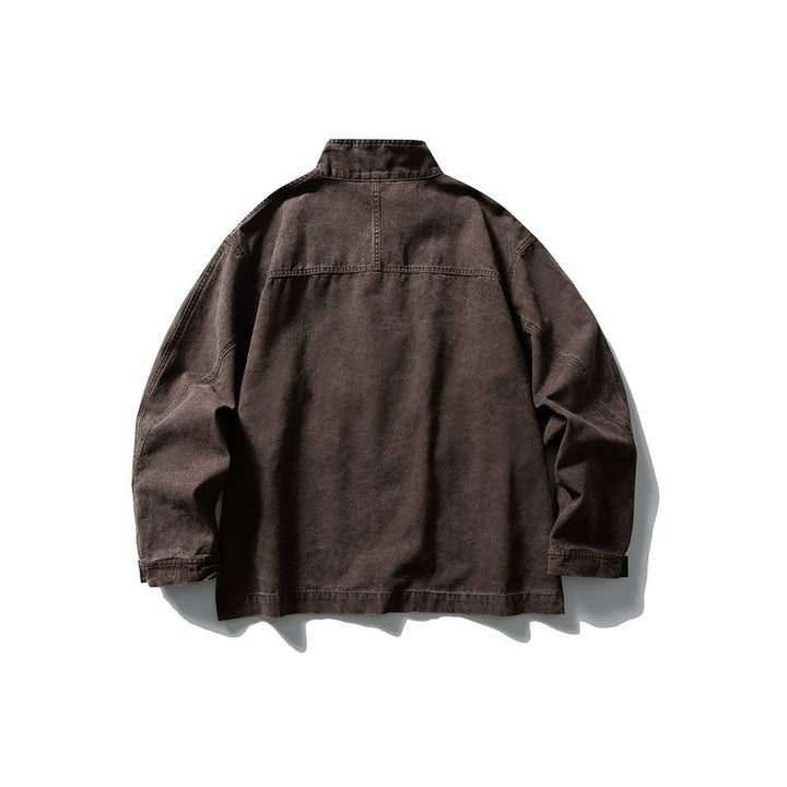 Unisex cleverly tailored canvas worker blouson jacket with stand-up collar and snap button front Mune Fashion