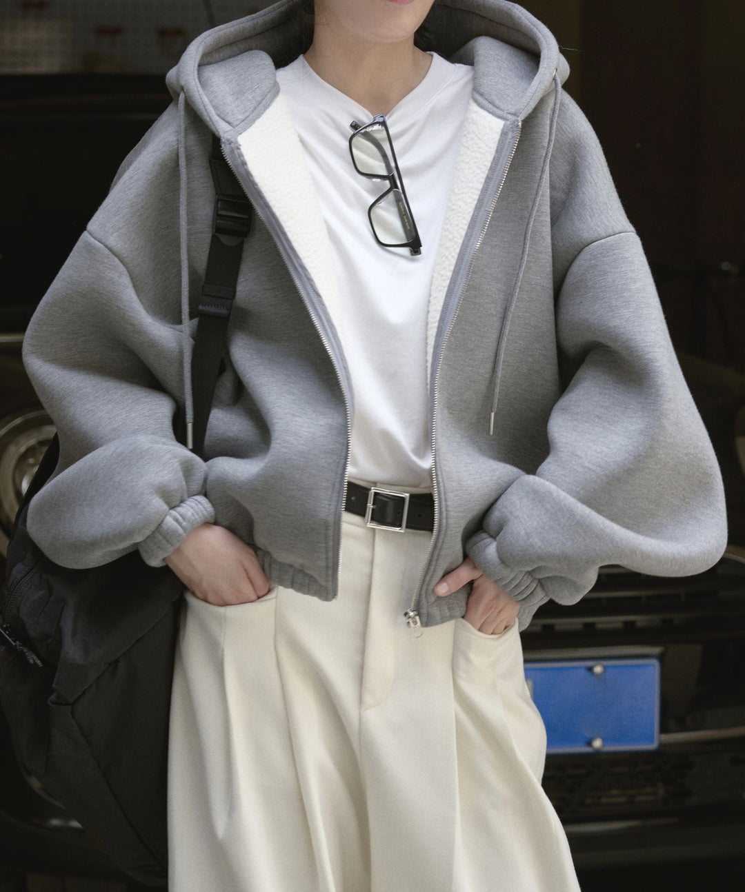 Women Oversized Hooded Zip Jacket with Teddy Lining and Elastic Hem Mune Fashion