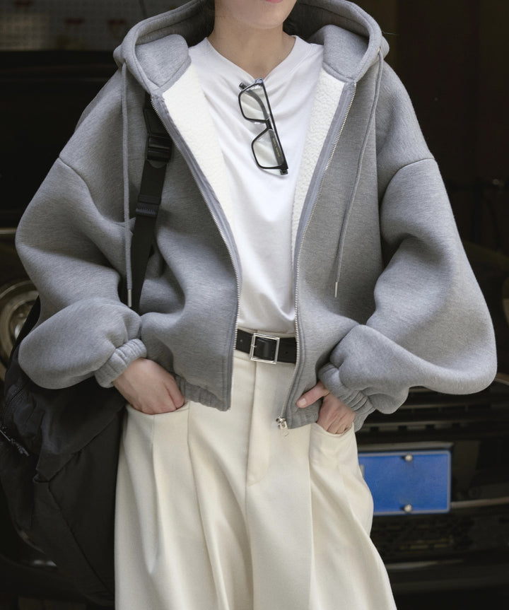 Women Oversized Hooded Zip Jacket with Teddy Lining and Elastic Hem Mune Fashion