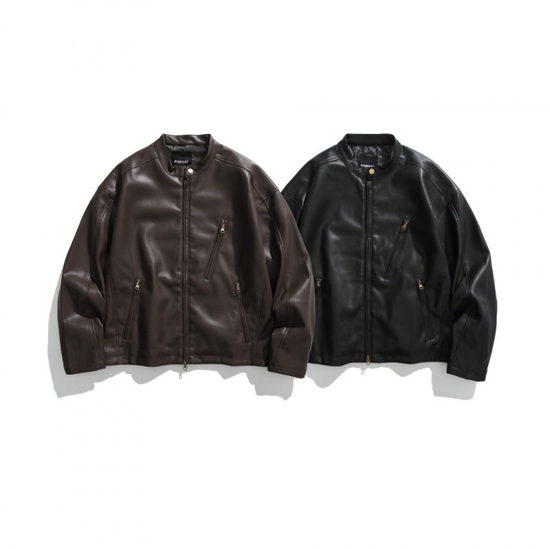 Men's short jacket made of vegan leather with a stand-up collar, three zip pockets, and two-way zipper Mune Fashion