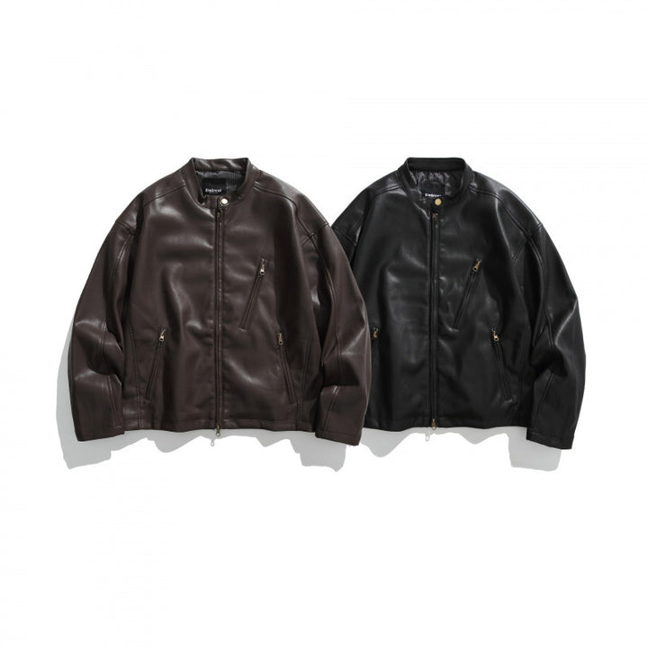 Men's short jacket made of vegan leather with a stand-up collar, three zip pockets, and two-way zipper Mune Fashion